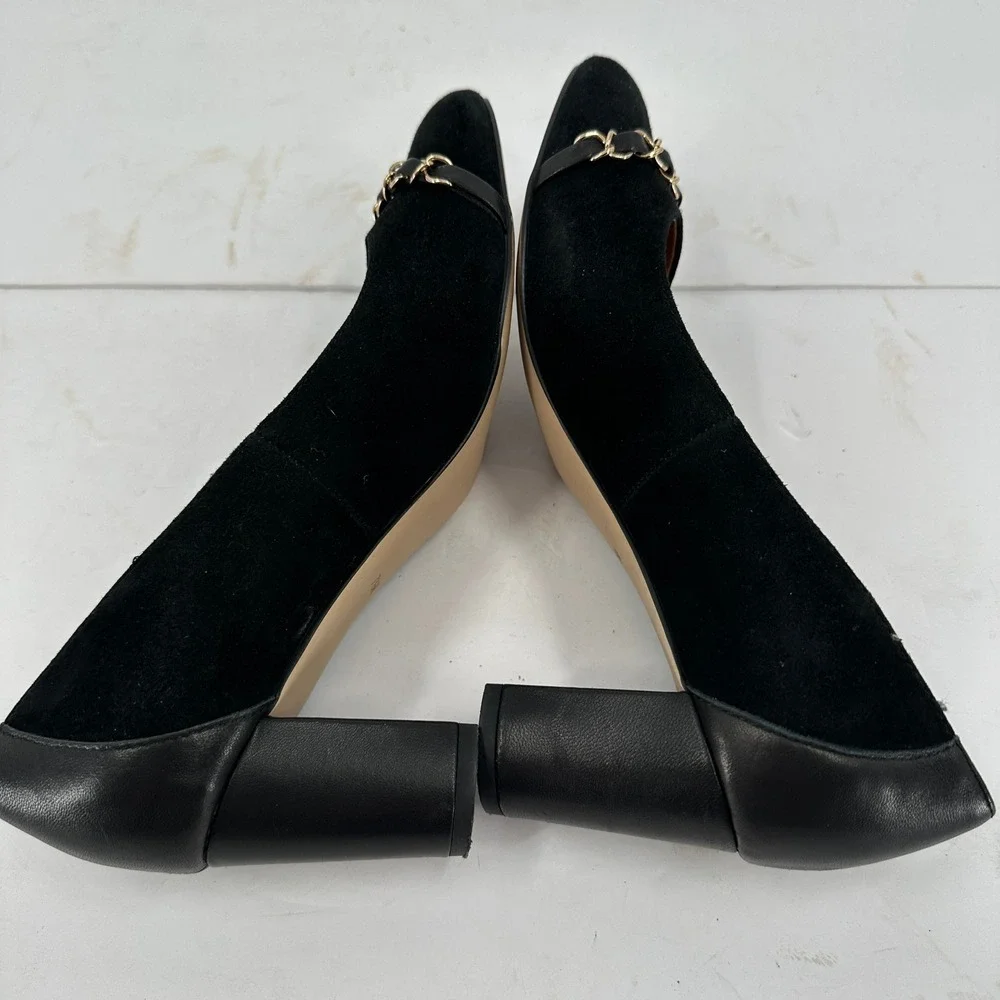Talbots Black Suede Chain Accent Block Heel Pumps Shoes Womens Size 7.5M Classic